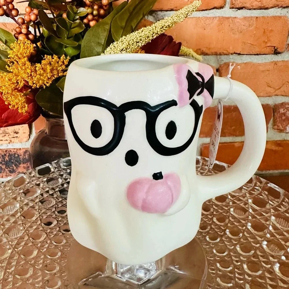 Halloween Pink Ghost Mug with glasses and bow preppy ghost